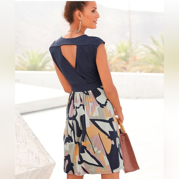VENUS Lascana Wrap Look Dress Navy Blue and Multi colored Size XS - Picture 2 of 6